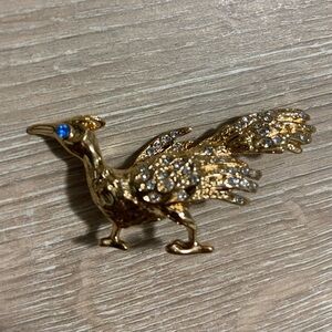 Vintage Gold Peacock Brooch with Blue Eye and Rhinestones